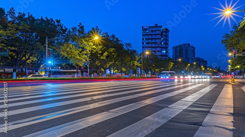 Urban evening traffic in 2026  a dynamic scene of blurred lights and motion on city streets photo