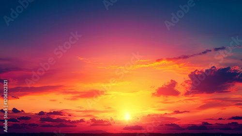 Vibrant sunset over ocean, colorful cloudscape, peaceful evening, background for design
