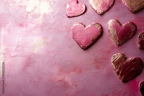 Decorative pink and gold hearts arranged on a textured pink background, creating a romantic valentine's day atmosphere