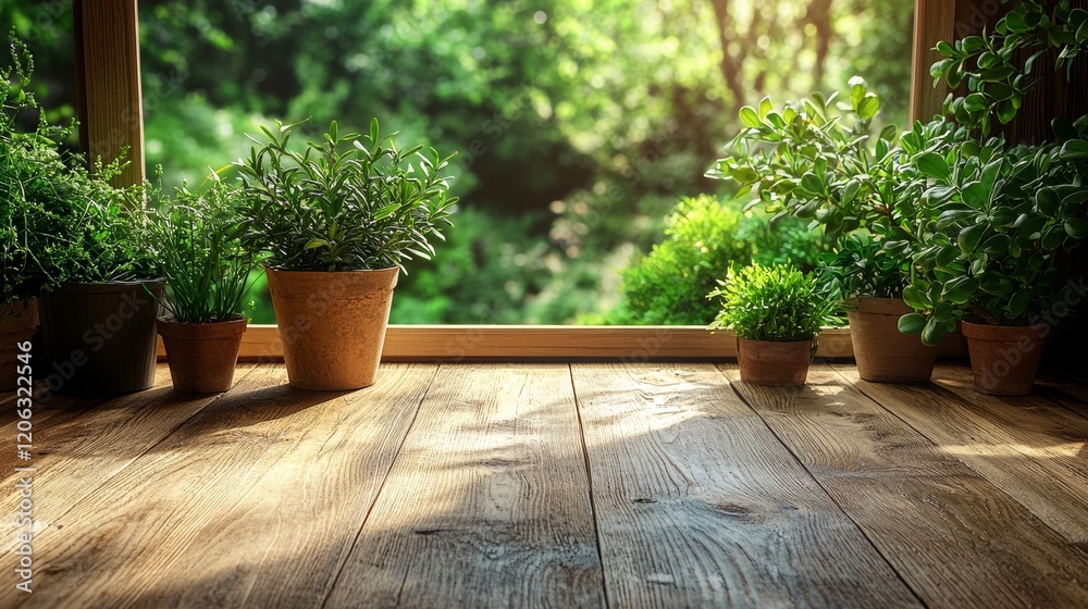 Fototapeta premium Potted plants on a wooden table in lush green garden