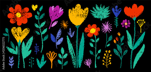 Chalk flowers. Crayon kid hand drawn vector. Pastel color plants in doodle style. Pencil art. Blackboard child illustration with spring cute flowers. Chalkboard element pattern. Floral chalk icon bg