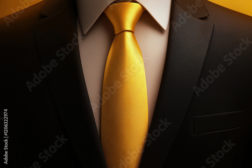 Business attire showcases elegant fashion with a glossy gold tie against a dark suit