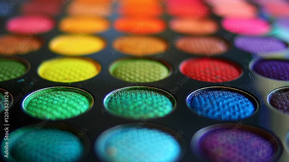 Close up of vibrant multicolored eyeshadow palette and brush for colorful makeup application Close up of vibrant multicolored eyeshadow palette and brush for colorful makeup application