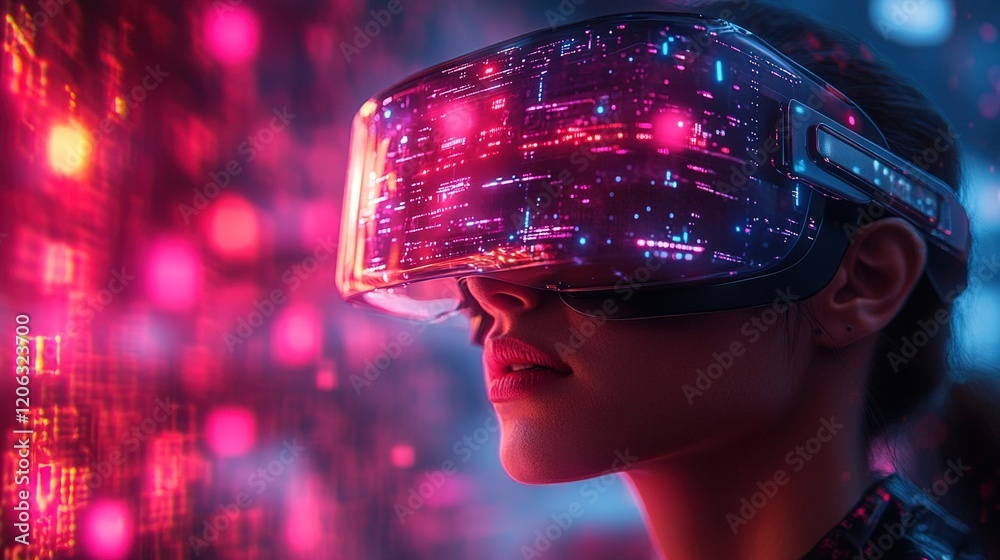 Woman Experiencing Immersive Virtual Reality Technology