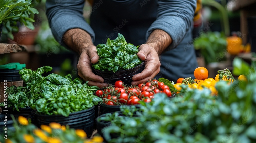 Farmer holding fresh tomatoes at a market Farmer holding fresh tomatoes at a market