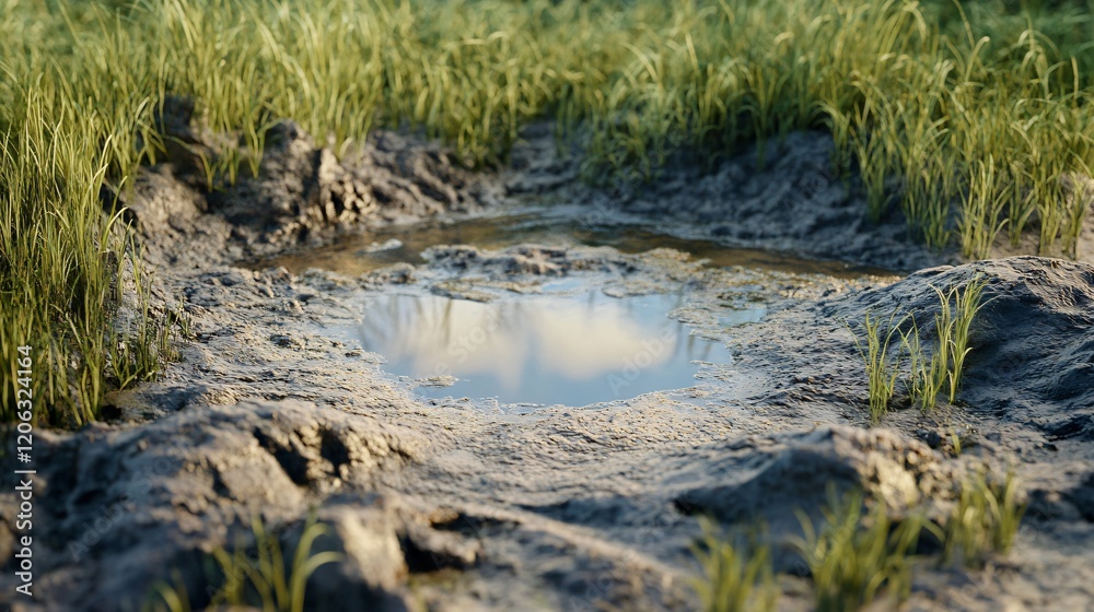 Puddle reflecting the sky in a muddy field surrounded by grass Puddle reflecting the sky in a muddy field surrounded by grass