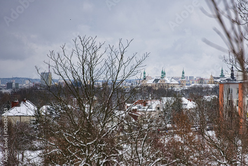 Kielce, Poland, 12 January 2025, A view of the panorama of the city of Kielce - in the distance you can see the Palace of the Krakow Bishops and the tower of the cathedral church
