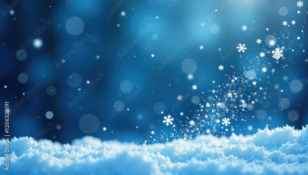 Fototapeta premium Snowflakes dance in the air during a blue snowstorm, fall, storm, gentle