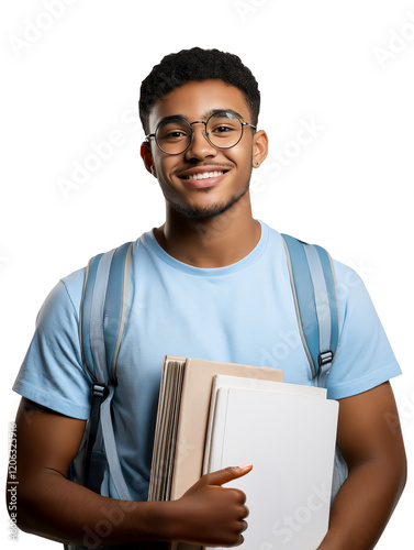 African-American male high school student wearing backpack and holding books, isolated on white transparent background