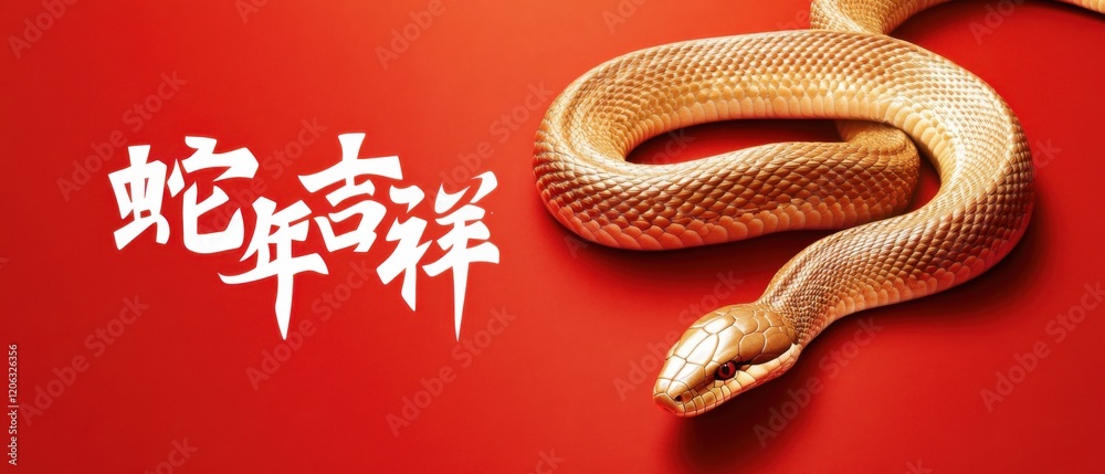 Obraz premium Golden snake with Chinese calligraphy on red background, celebrating the year of the snake Concept of Chinese New Year, zodiac and culture