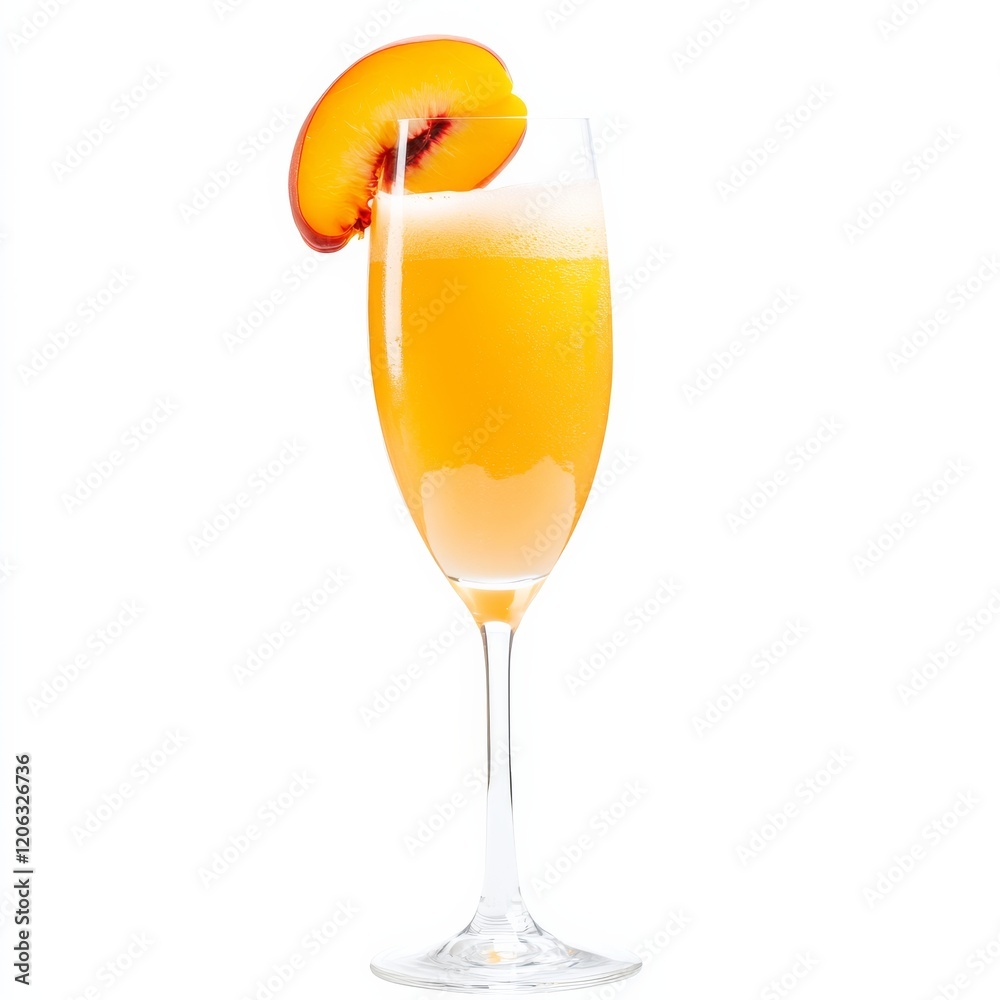 A fruity Bellini cocktail with a peachy hue, garnished with a fresh peach slice, against an isolated white background A fruity Bellini cocktail with a peachy hue, garnished with a fresh peach slice, against an isolated white background