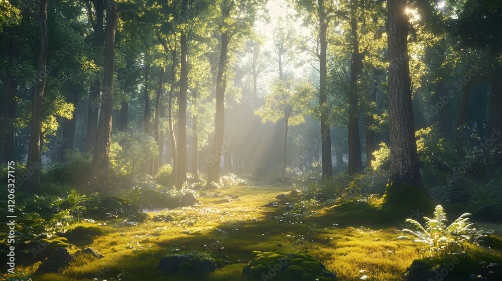 Obraz premium Sunlight through trees in a dense forest 