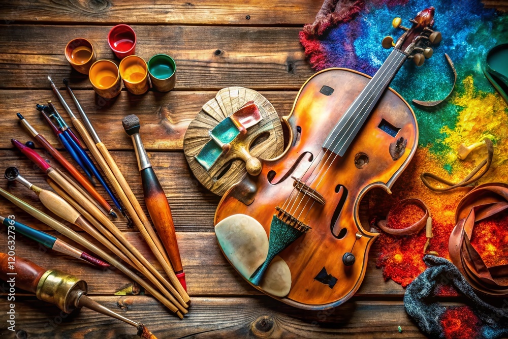 Naklejka premium Panoramic Arts & Creativity: Painting, Music & Theater Still Life