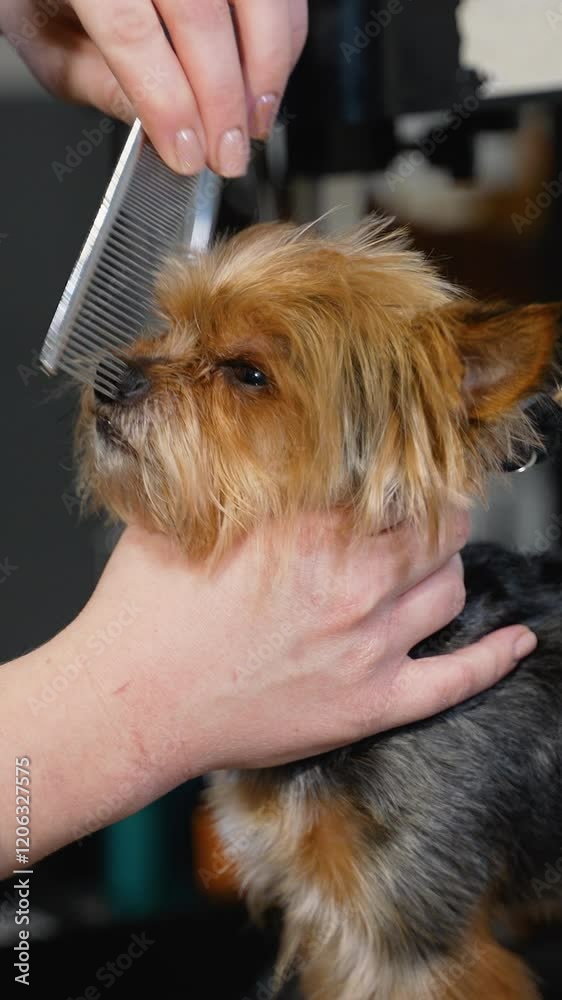 A pet-friendly groomer gently brushes a calm dog on a grooming table