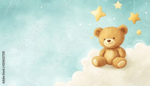 Adorable Teddy Bear Sitting On A Cloud With Stars And Moon, Hand Drawn In Watercolor - Perfect For Kids' Posters, Baby Shower Invitations.