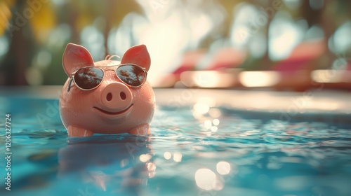 This playful image features a charming piggy bank floating in a clear pool, accessorized with stylish sunglasses, evoking a sense of leisure and fun under the sun.