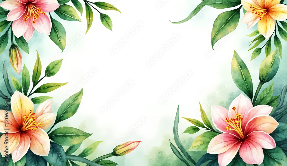 Fototapeta premium Watercolor of Tropical spring floral green leaves and flowers s isolated