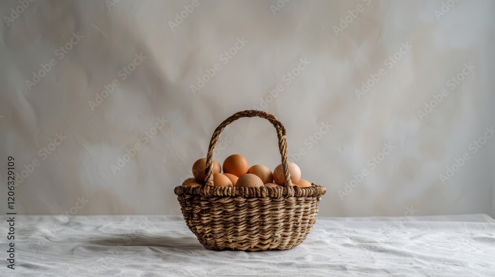 Rustic woven basket filled with farm fresh organic brown eggs on a white table setting Rustic woven basket filled with farm fresh organic brown eggs on a white table setting