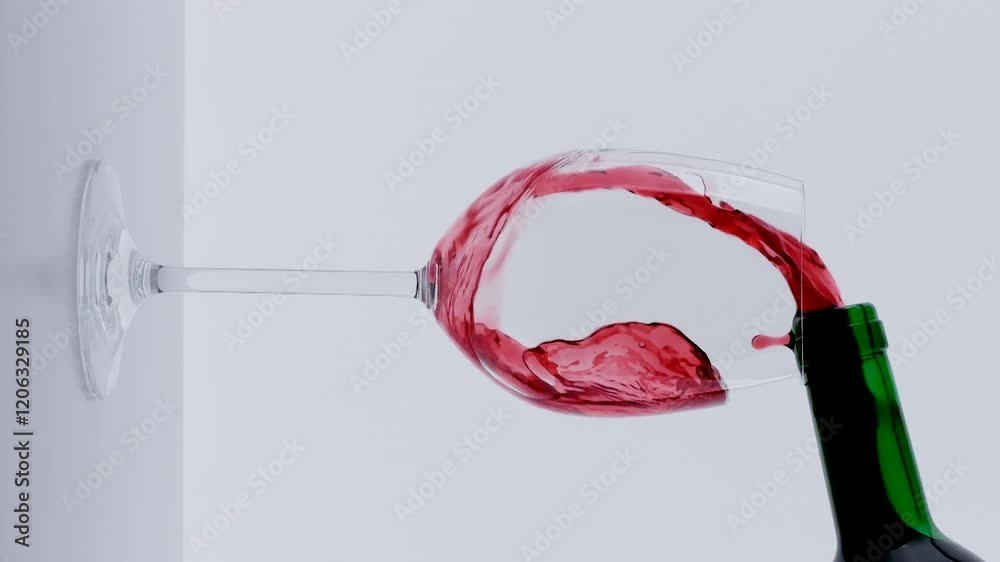 Red wine forms beautiful wave. Wine pouring in wine glass over white background. Close-up vertical shot for social media tik-tok