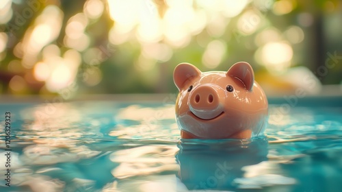 This joyful pig float takes a swim in a glistening pool during dusk, perfectly capturing the essence of outdoor leisure, laughter, and summer nostalgia. photo