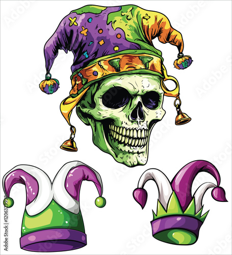 Vector cartoon illustration of a funny skull wearing a colorful clown hat

