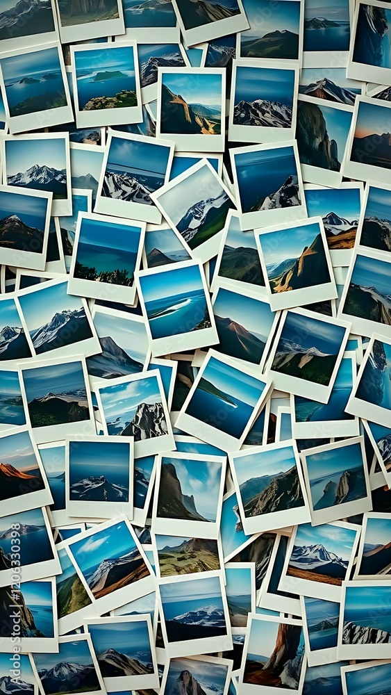 Obraz premium Pile of polaroid photo prints with natural landscape view images in background and wallpaper 