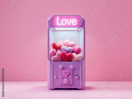 Claw machine filled with pink hearts, neon 