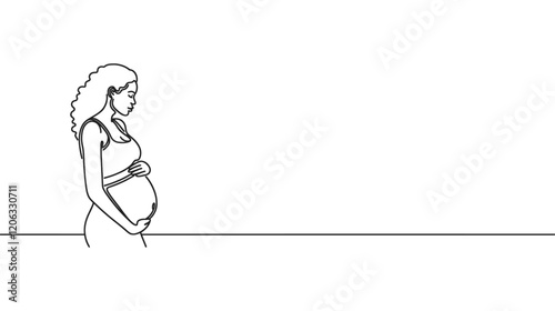 Minimalist one-line art of a pregnant woman in a graceful pose, featuring smooth, flowing lines in monochrome style. Elegant and simple, perfect for maternity, wellness, or motherhood themes