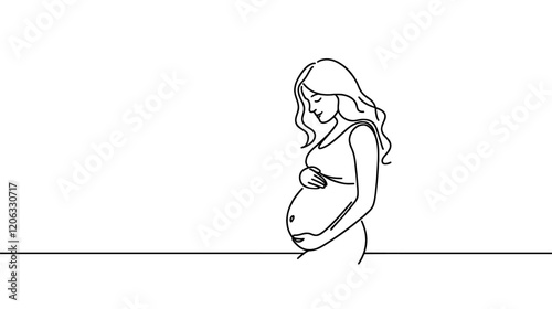 Minimalist one-line art of a pregnant woman in a graceful pose, featuring smooth, flowing lines in monochrome style. Elegant and simple, perfect for maternity, wellness, or motherhood themes