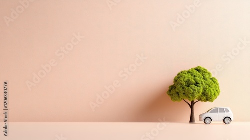 Miniature white SUV car next to small green tree on pale background