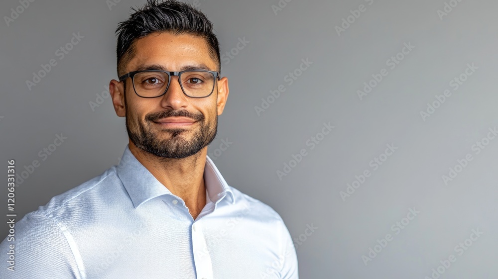 Obraz premium Confident Hispanic man with glasses and short hair smiling