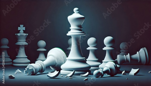 White chess king standing victorious over fallen opponent on a dark background