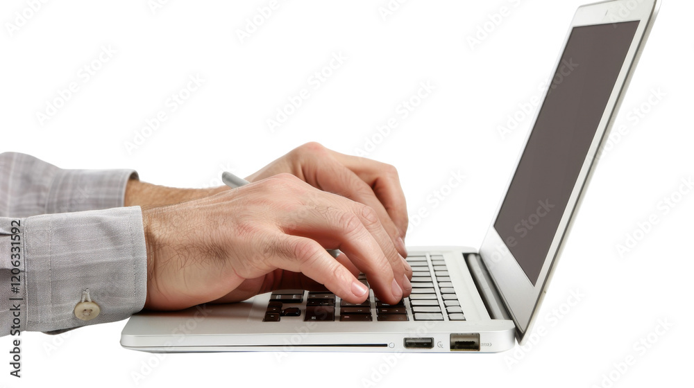 Hands writing on laptop on transparent background Hands writing on laptop on transparent background