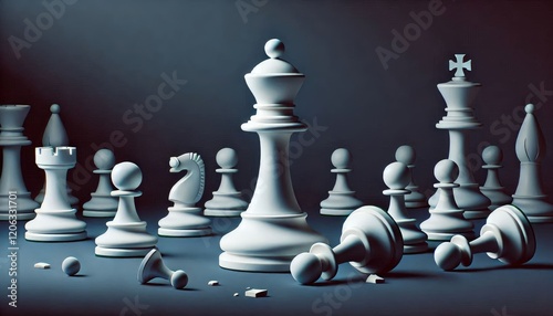 White chess king standing victorious over fallen opponent on a dark background