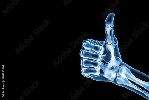 Blue X Ray of Hand Thumb Up on Black Background