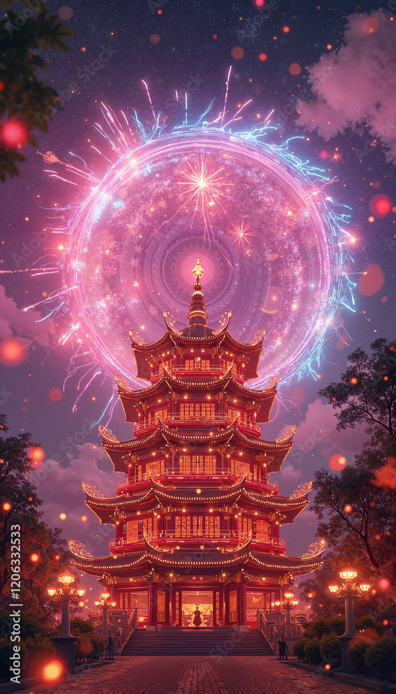 Obraz premium Festive Lunar New Year celebration with a vibrant temple and fireworks display