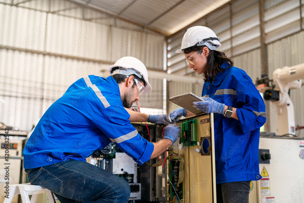Technicians working on machinery in industrial facility during daytime Technicians working on machinery in industrial facility during daytime