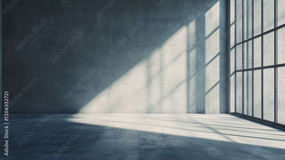 Fototapeta premium Sunlight illuminating empty industrial concrete room with large windows
