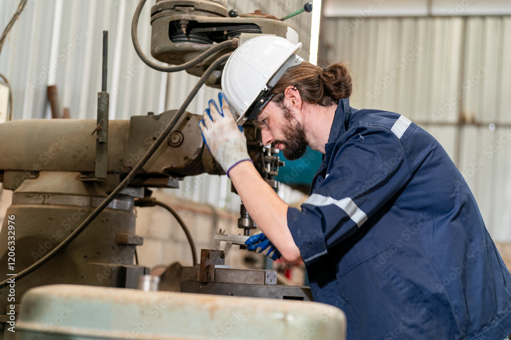 Skilled worker using machinery for precision manufacturing in industrial workshop environment