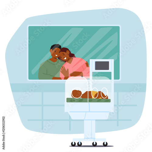 Happy parents looking at newborn child in incubator box of neonatal intensive care department