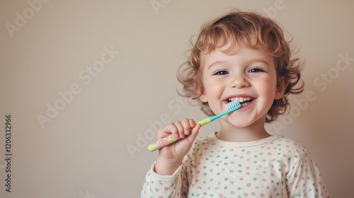 A cheerful child holding a toothbrush with a bright smile, radiating happiness and enjoyment from brushing their teeth. photo