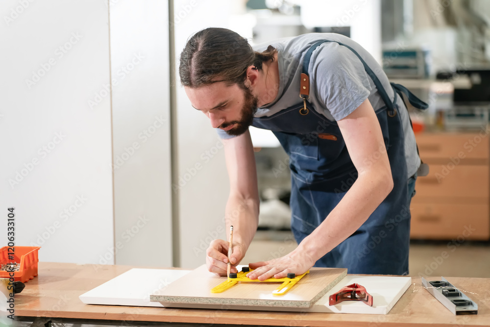 Skilled carpenter measuring and marking wood in workshop setting during afternoon crafting session Skilled carpenter measuring and marking wood in workshop setting during afternoon crafting session