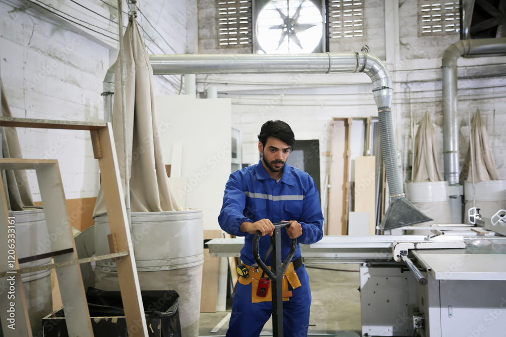 Fototapeta premium Worker in blue uniform using tools in woodshop during daytime