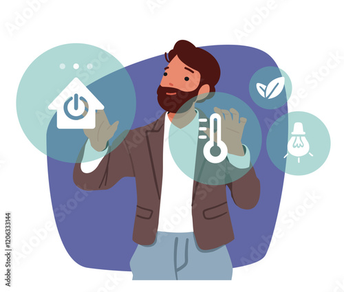Man using iot equipment virtual panel with smart home artificial intelligence assistance scene