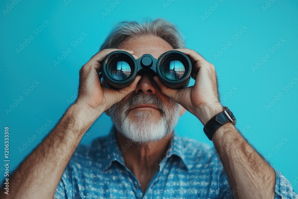 a man looks through binoculars on the blue background a man looks through binoculars on the blue background