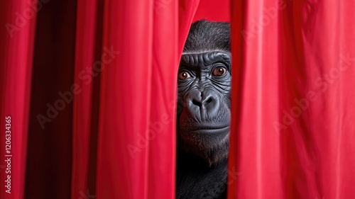 Gorilla peeking through red curtains with curious expression