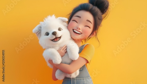 Enthusiastic Asian Girl Poses With Playful Puppy In Fashionable Casual Outfit In Adorable Portrait. Toy Dog Held Securely. Magnificent Artwork. photo