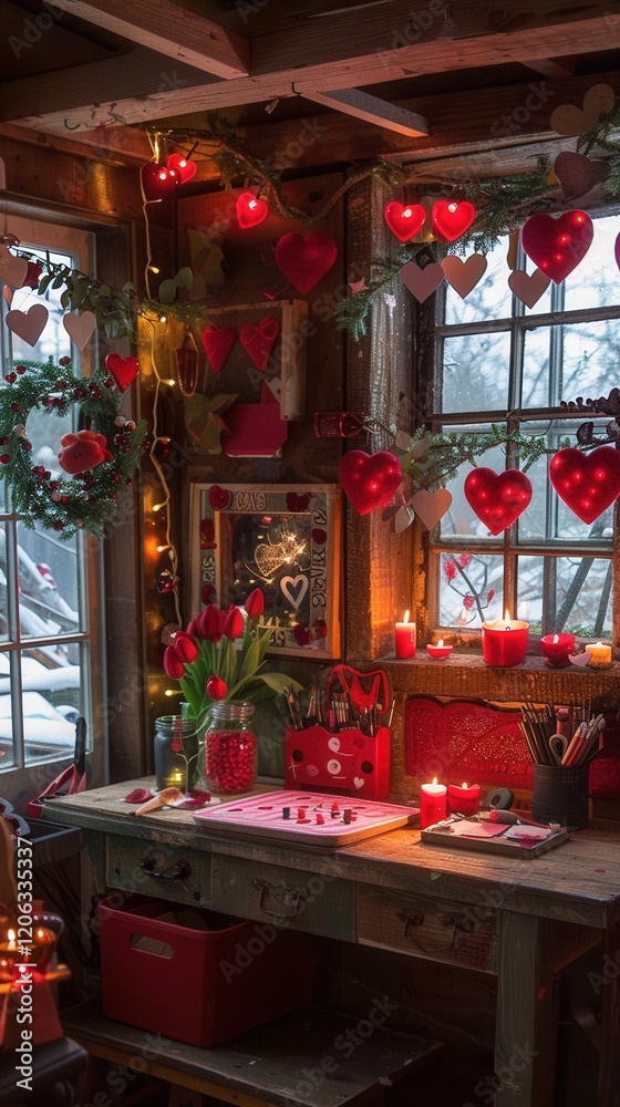 Obraz premium Cozy Valentine's Day decoration in a rustic cabin with warm candlelight and red hearts