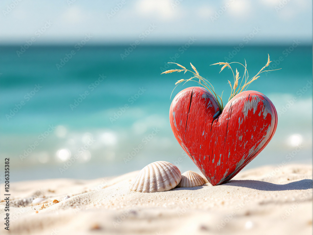 Red wooden heart on sandy beach Red wooden heart on sandy beach