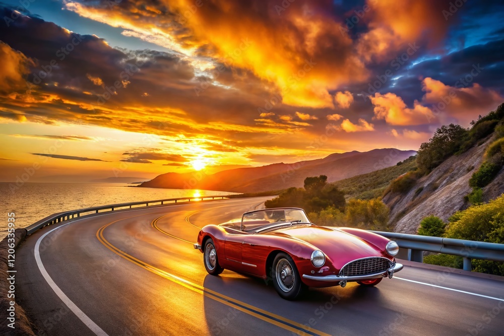 Fototapeta premium Panoramic View of a Classic Sports Car on a Scenic Coastal Highway